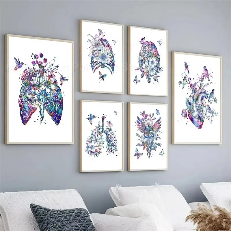 ألوان مائية زهرة القلب الدماغ الرئة الأضلاع DNA الجهاز تشريح المشارك الطبية طباعة جدار الفن قماش اللوحة صورة لعيادة ديكور