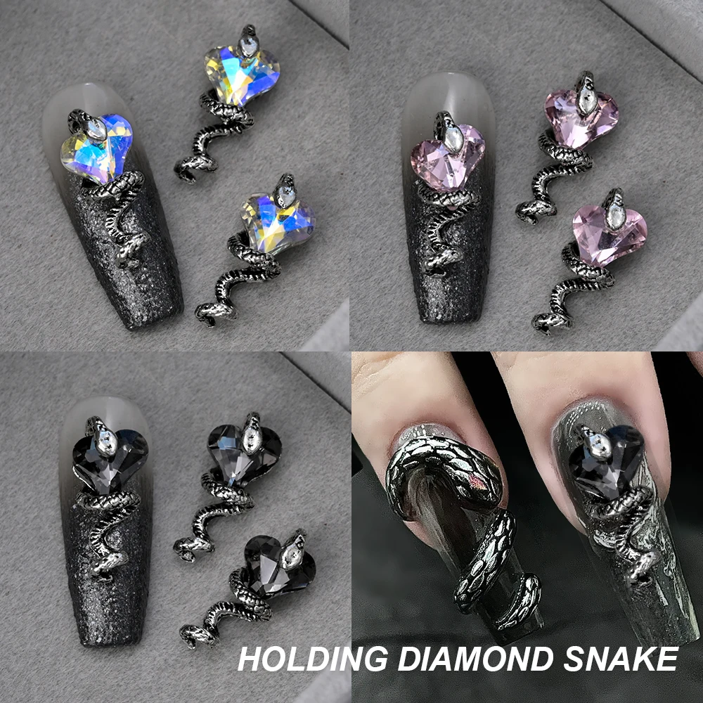 10Pcs 3D Alloy Heart Snake Nail Charms Bling Retro Style Luxury Nail Art Rhinestones Valentine's Day Nail Parts Decor Supplies *