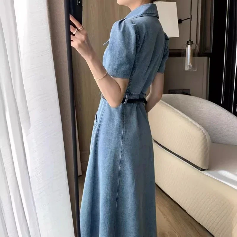 블루 빈티지 데님 드레스 여성 2025 봄 여름 새로운 패션 버튼 미디 진 셔츠 드레스 a 라인 긴 베스 티드