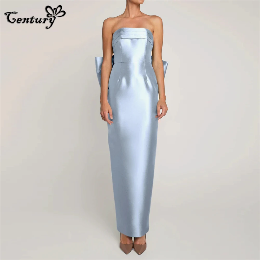 Sky Blue Prom Dress Long Detachable Train Big Bow Strapless Backless Satin Evening Party Gowns Robe De Soiree Customized