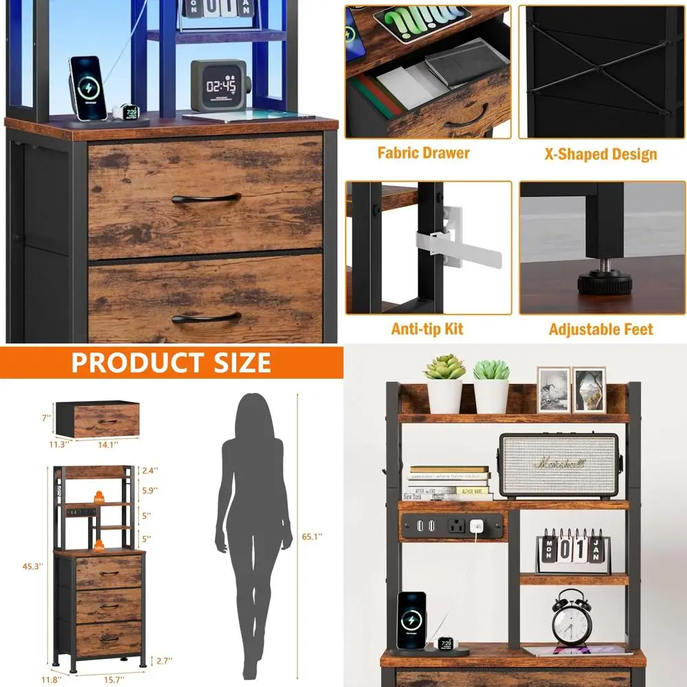 

Rustic Brown LED & USB Nightstand, 45.3 Tall with 3-Drawer Fabric, Open Shelf for Bedroom/Dorm/Office