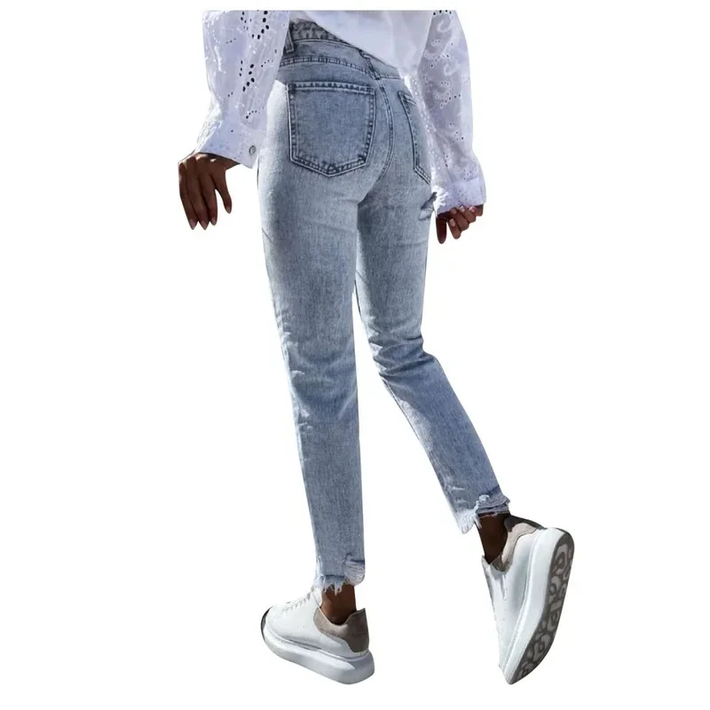 Women Button High Waist Pocket Elastic Hole Pants 2024 Ladies Ripped Stretch Slim Fit Jean Trousers Casual Denim Pant Streetwear