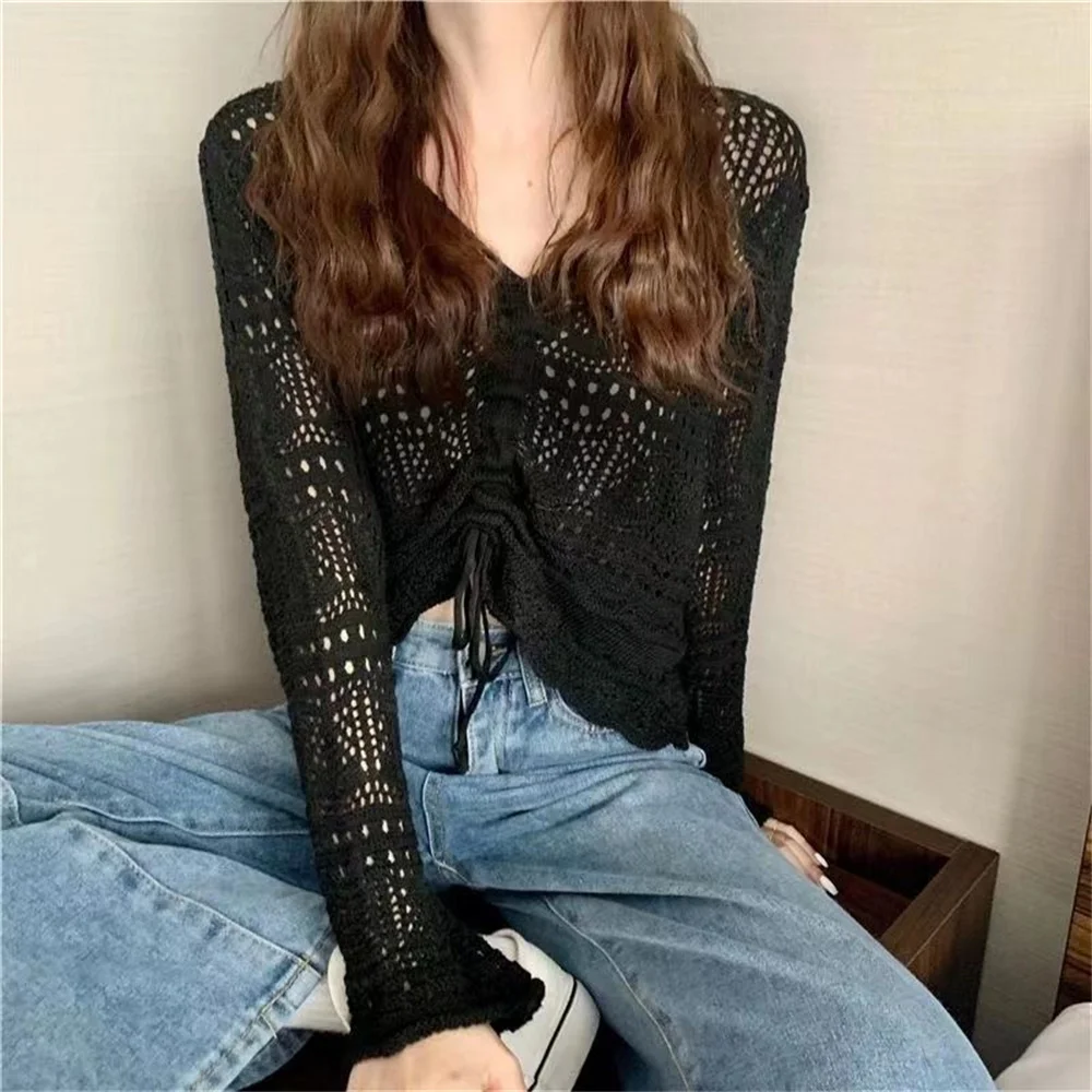 8 Colors Long Sleeve Hollow Out Sweater Women Thin Slim Tops Wild Korean Sweet Candy Color Knit Fashion Pullovers female tops