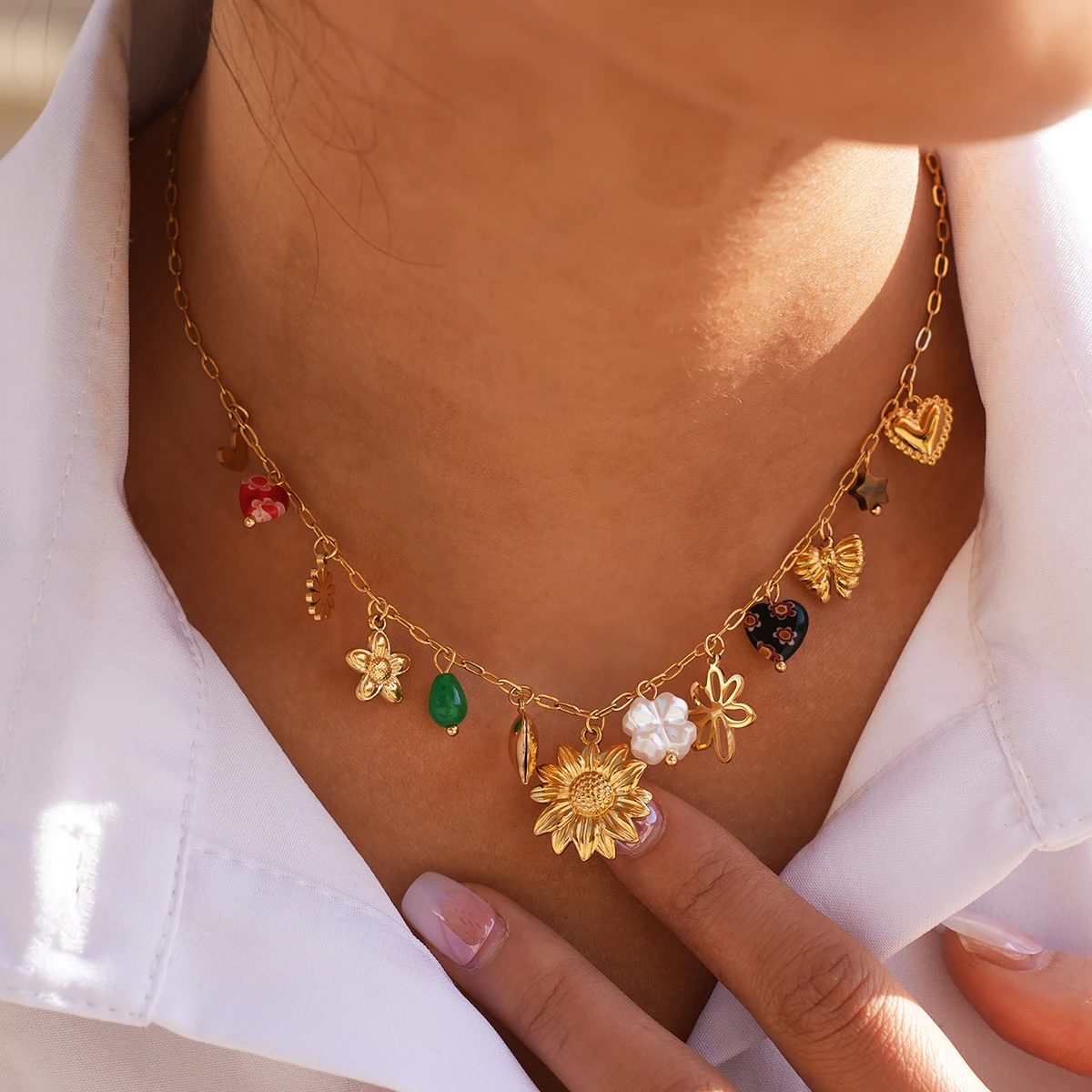 

Stainless Steel Classic Sun Flower Pendant Necklace For Women 18K Gold Plated Chain Choker Summer Beach Jewelry Gift For Her