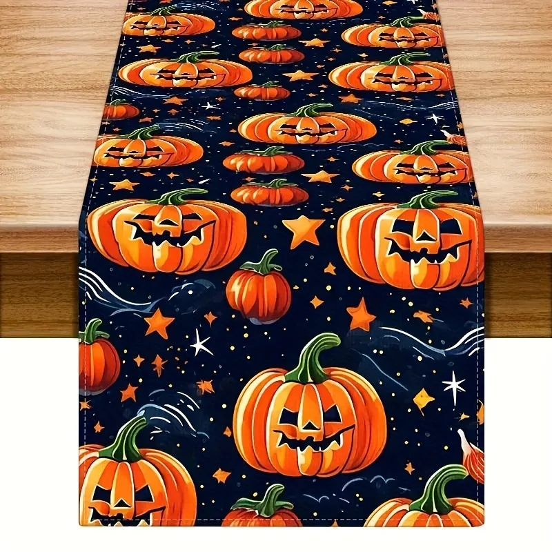 Halloween Pumpkin Table Runner - 100% Linen Rectangle Shape, Festive Stars & Pumpkins Design for Home & Kitchen Holiday Decor