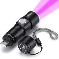 395Nm UV Light Flashlight Blacklight USB Rechargeable LED Flashlight Waterproof Inspection Pet Urine Torch Lamp