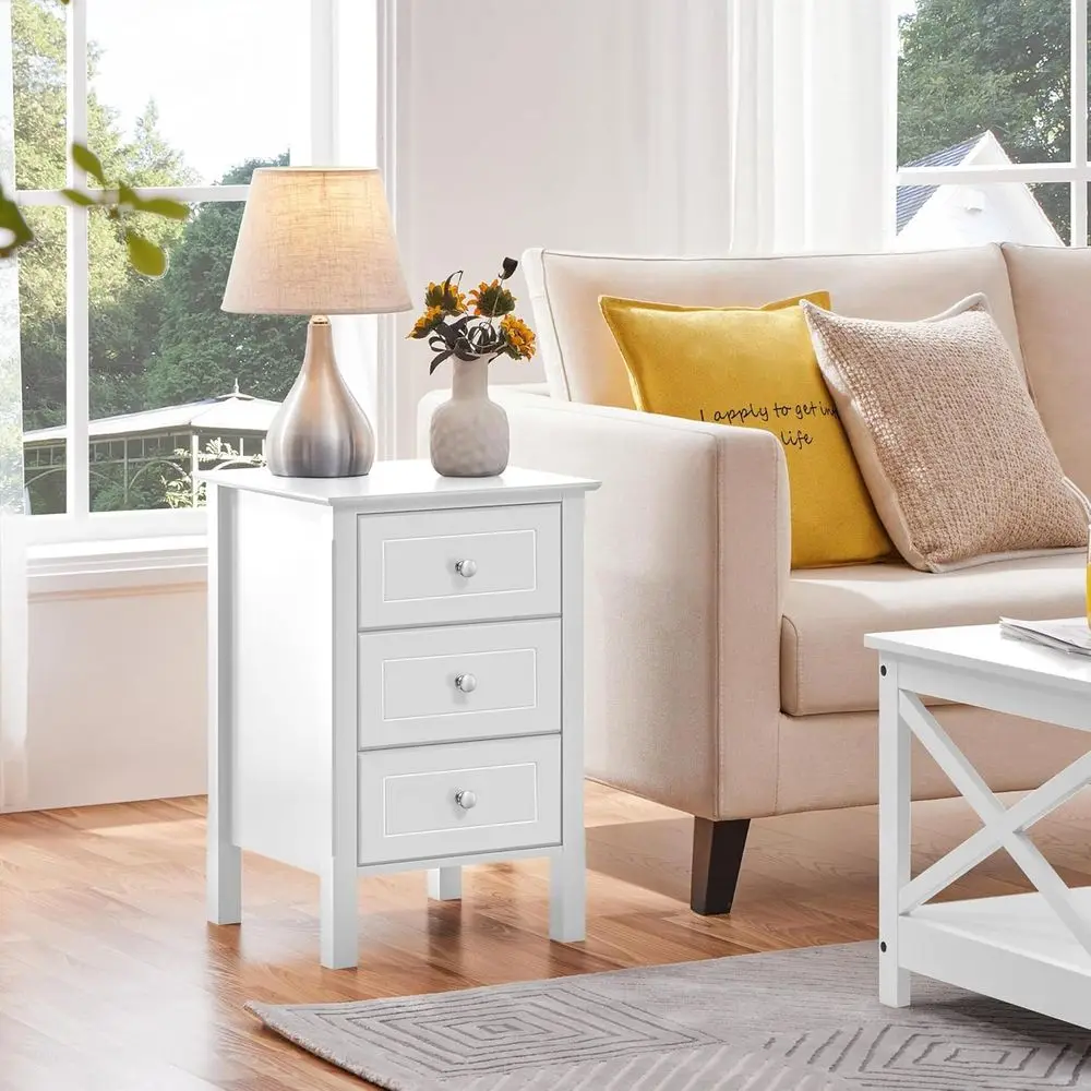 White Wooden 3-Drawer Nightstand for Bedroom, Compact Storage with Solid Wood Legs, Easy Assembly, Ideal for Home Office and Sma
