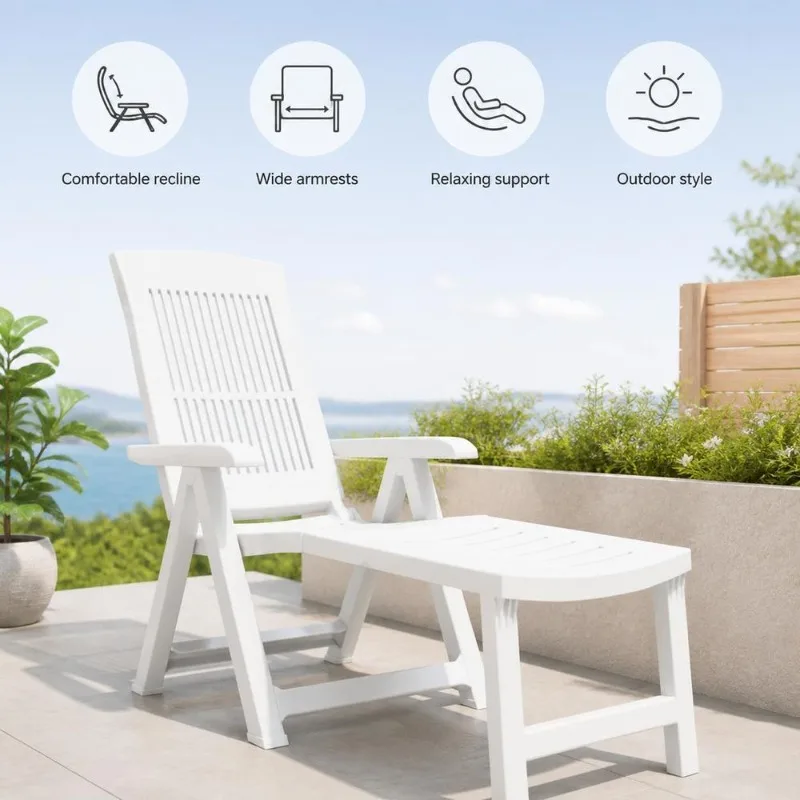 Chaise longue d'extérieur en plastique résistant 190x60x85 cm pliable, dossier réglable sur cinq positions, structure légère facile à déplacer, rangement économique pour jardin et terrasse familiale
