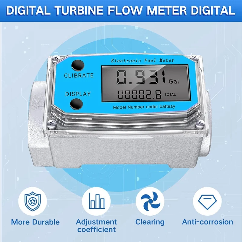 Digital Turbine Water Flow Meter Digital LCD Display Flow Meter With NPT Counter And FNPT Thread Gas Oil Fuel Flowmeter (1 Inch)