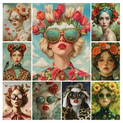 Fullcang Diy Diamond Painting New Collection Beautiful Woman With Glasses Flower Full Rhinestone Art Mosaic Embroidery Picture