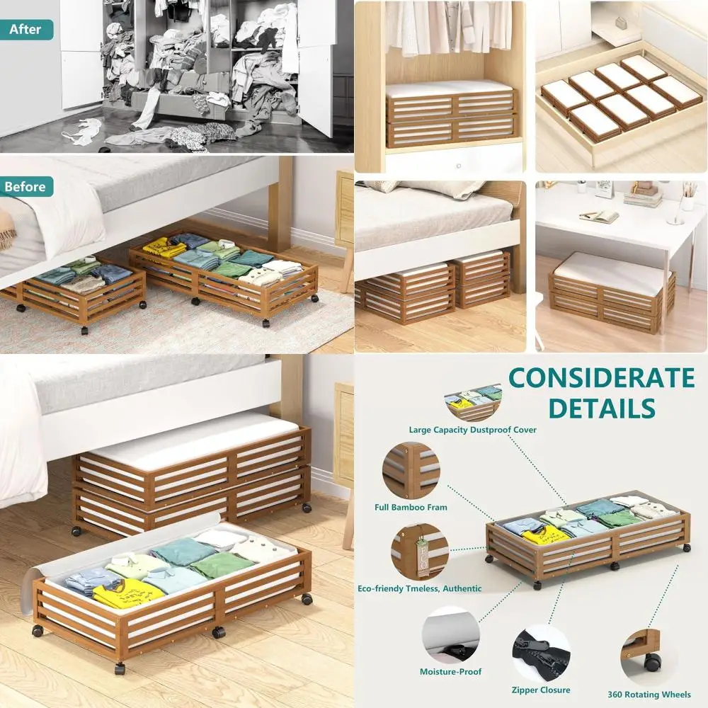 

Rolling Underbed Storage Containers with Wheels and Large Dust Bag, 2-Pack Walnut Long Shoe Organizers