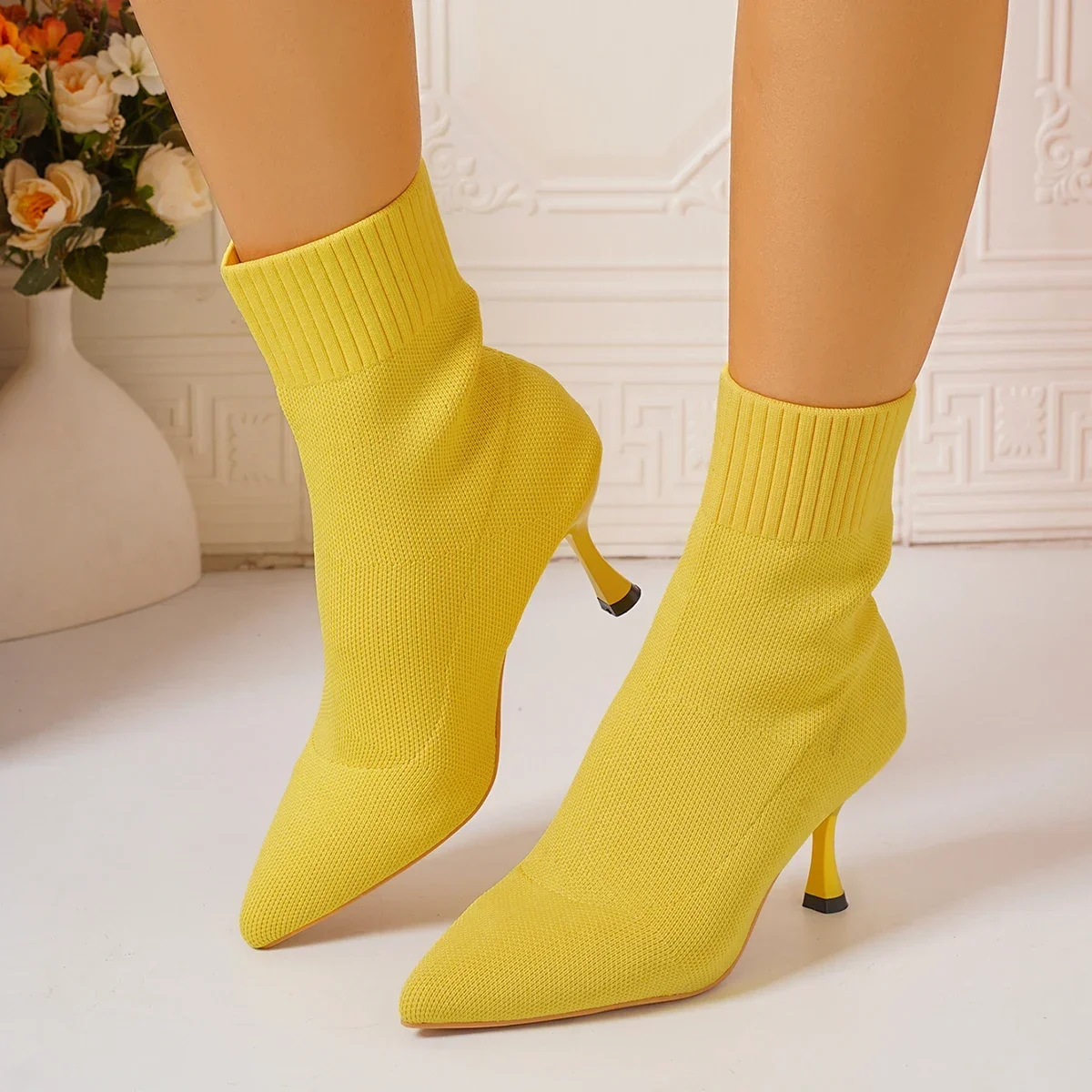 Women Boots Short High Heels Shoes for Women Autumn Winter Botas Mujer Knitted Ankle Boots Black Sock Women Heels Boots Female