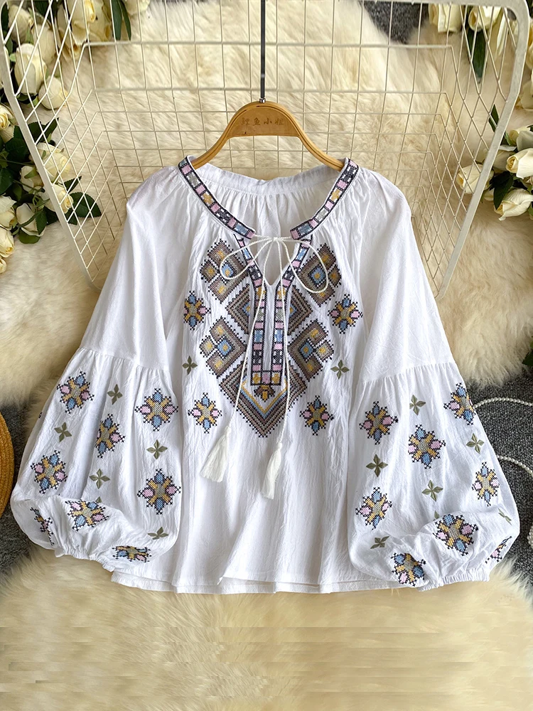 Women Bohemian Blouse Embroidery Fringed Shirt Spring Long-sleeved Loose Lantern Sleeve Vacation Style Top Female Blusa BL366 view 2