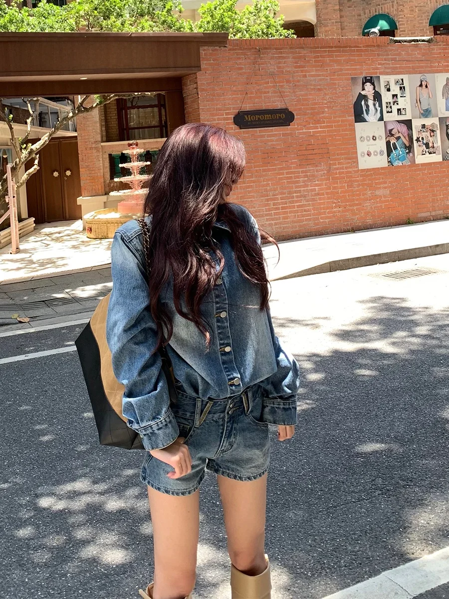 Conjunto de dos piezas de pantalones ort de cintura alta Lazy Sle de talla grande, traje irt de mezclilla adelgazante para mujer, Micro talla grande Faionable Colle...