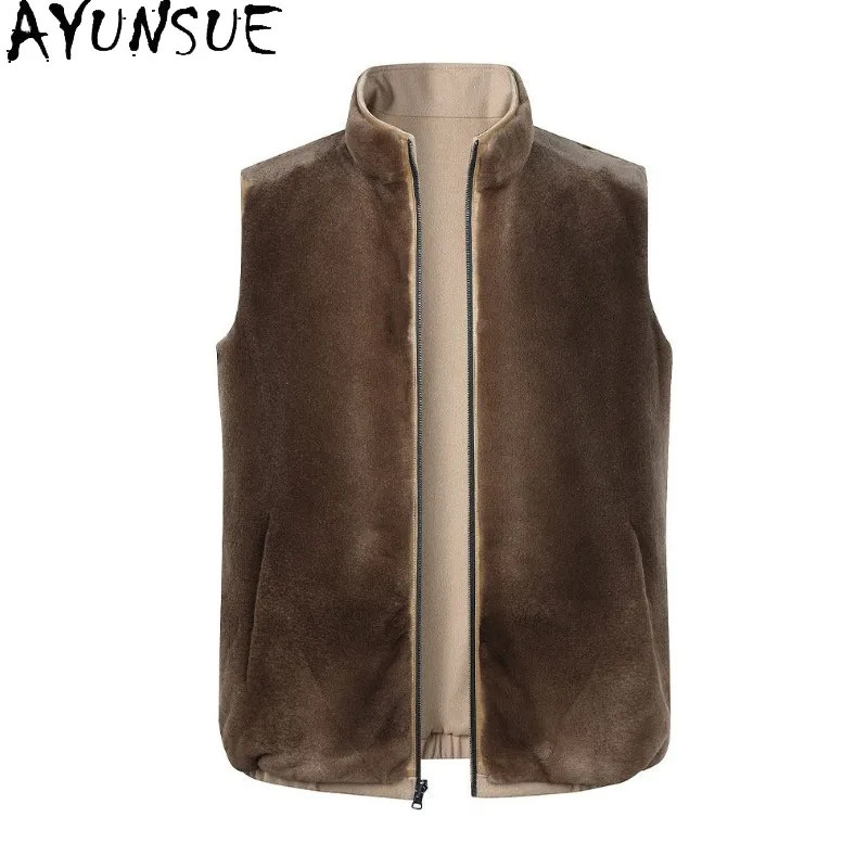 AYUNSUE High Quality100% Real Fur Coat Vest for Man Luxury Winter Cashmere Spliced Silk Wool Jacket Reversible Coffee Mink Liner
