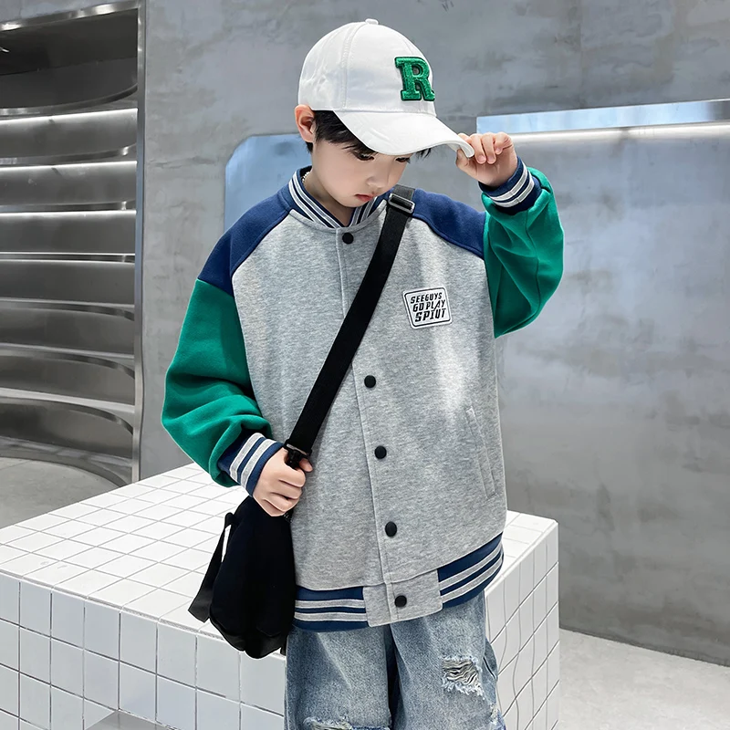 Kids Boys Autumn Sports Clothing Baseball Jacket Trendy 2025 New Children's Outerwear Crew Neck Sporty Coat 5 7 9 11 13 14 Years