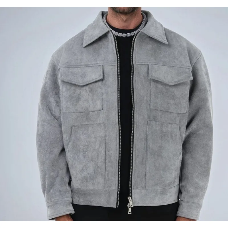 

Мужская модная замшевая куртка 2026 года с молнией, большими карманами, отложным воротником, повседневная, весенне-осенняя