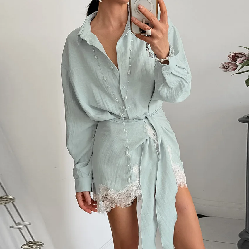 2026 Spring Summer New French Slouchy Tie Waist Lace Wrap Blouse Two Piece Set Elegant Office Work Versatile Women Fashion Daily