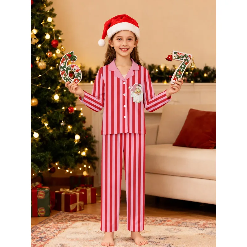 Unisex Girls Christmas Pajama Set Stripe Santa Xmas Tree Print Long Sleeve Sleepwear Home Suit Gift for Xmas Holiday Birthday