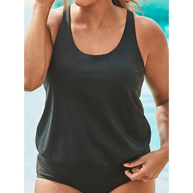 Solid Color Tankini Two-Piece Swimsuit for Women, Conservative Loose Plus Size Swimwear