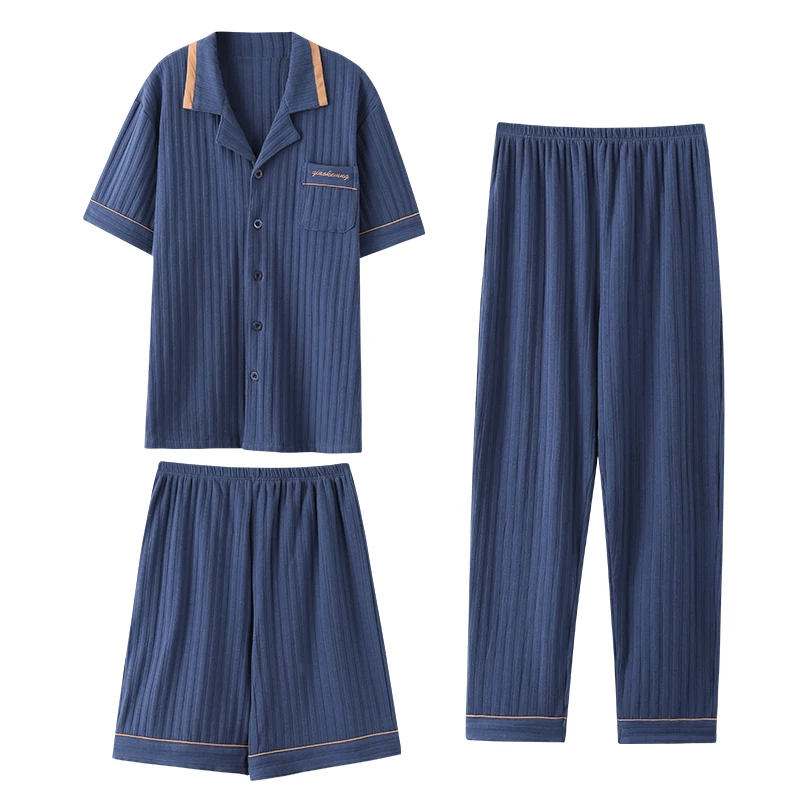 Set 3 pezzi pantaloni lunghi + Cardigan top + pantaloncini estate Casual moda cotone manica corta pigiama Set per uomo Sleepwear Homewear 4XL