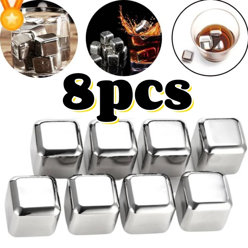 1/2/3/5/6/8pcs Stainless Ice Rocks Whisky Ice Stone Ice Cubes Metal Reusable Stones Wine Beer Beverage Bar Accessories Kitchen