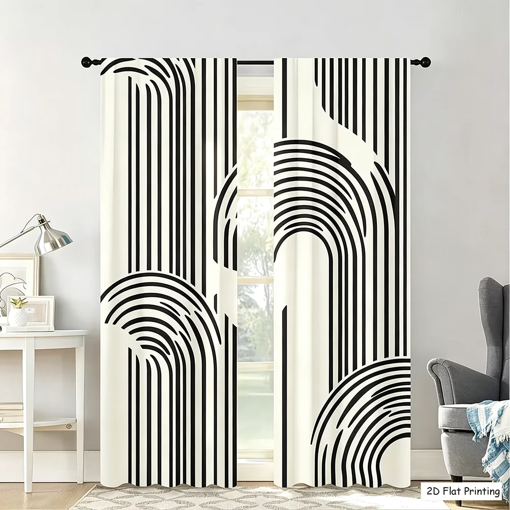 2PCS Digital Printing Curtains, Black White Minimalist Line Arch Rainbow Pattern, Modern Abstract Art Style Home Window Decor