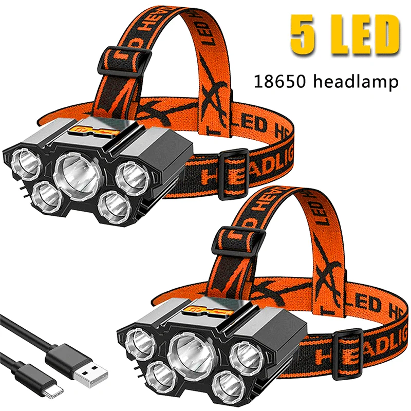 5 LED Headlamp Rechargeable with Built in 18650 Battery Strong Light Headlight Camping Adventure Fishing Head Light Flashlight