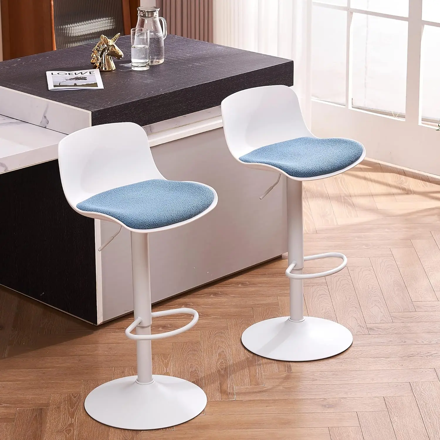 YOUNIKE Bar Stools Set of 2 White Modern Counter Height Stool with Light Blue Velvet Padded Seat, Adjustable Swivel Barstools