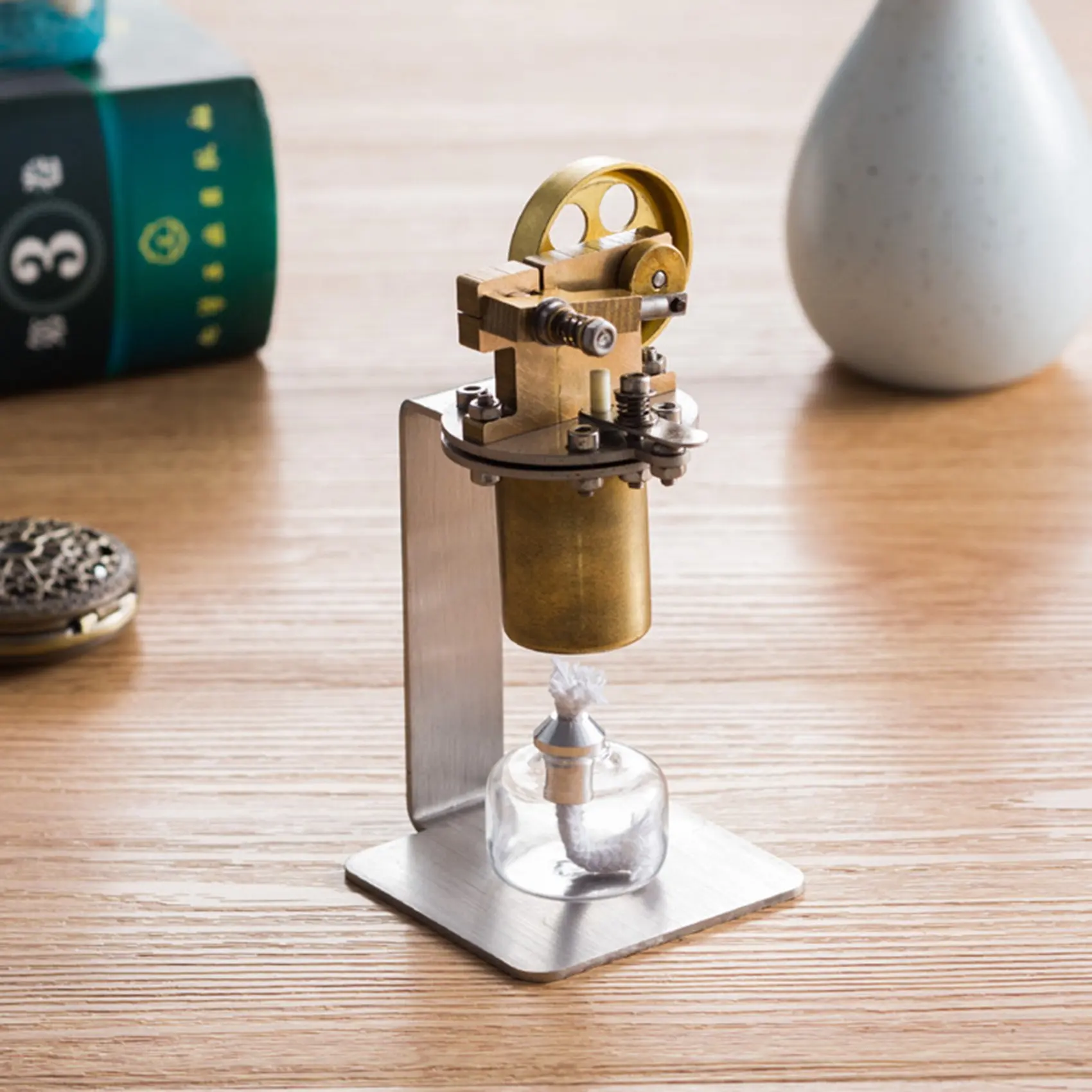 Mini Stirling Engine Model, Full Copper Boiler Vertical Small Steam Engine Model Physical Experiment Toy Gift