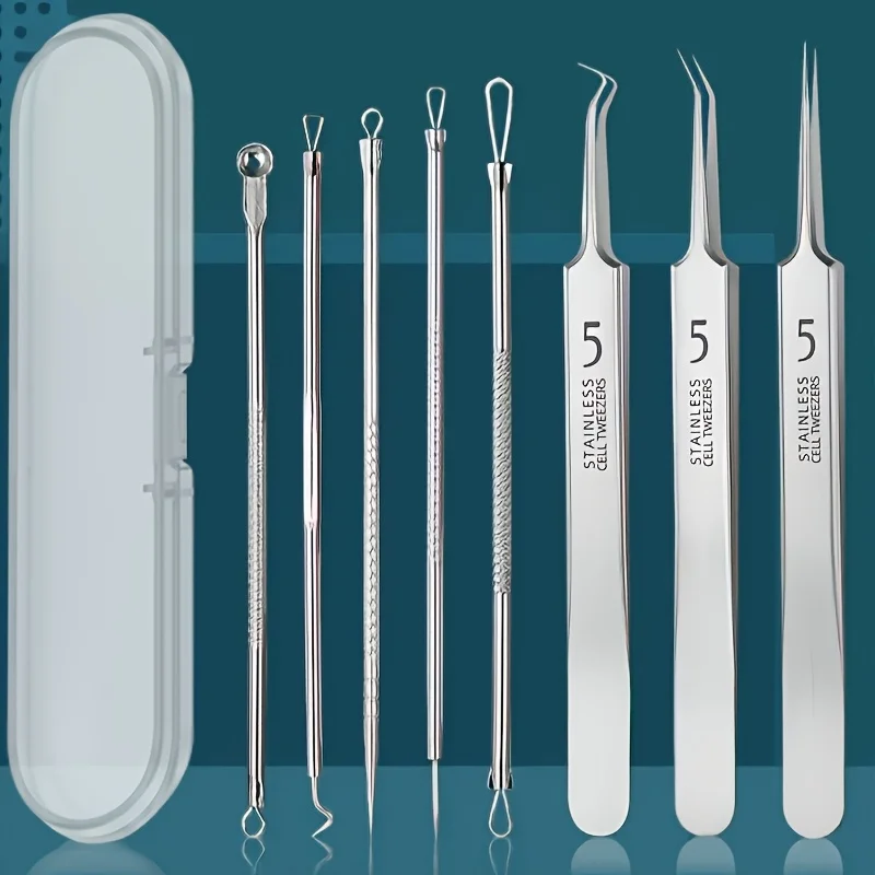 8pcs Professional Facial Blackhead Remover Tweezers, High-Precision Stainless Steel Tweezers-Needle-Nose Pliers Tool Kit
