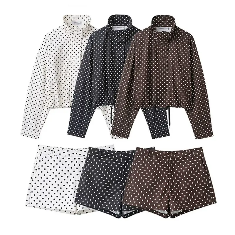 HH Damen Mode Polka Dot Mantel-Shorts-Set Rollkragen Langarm Reißverschluss-Jacke Schlanke Shorts Elegante Damen High-Street-Outfits – Detail 3