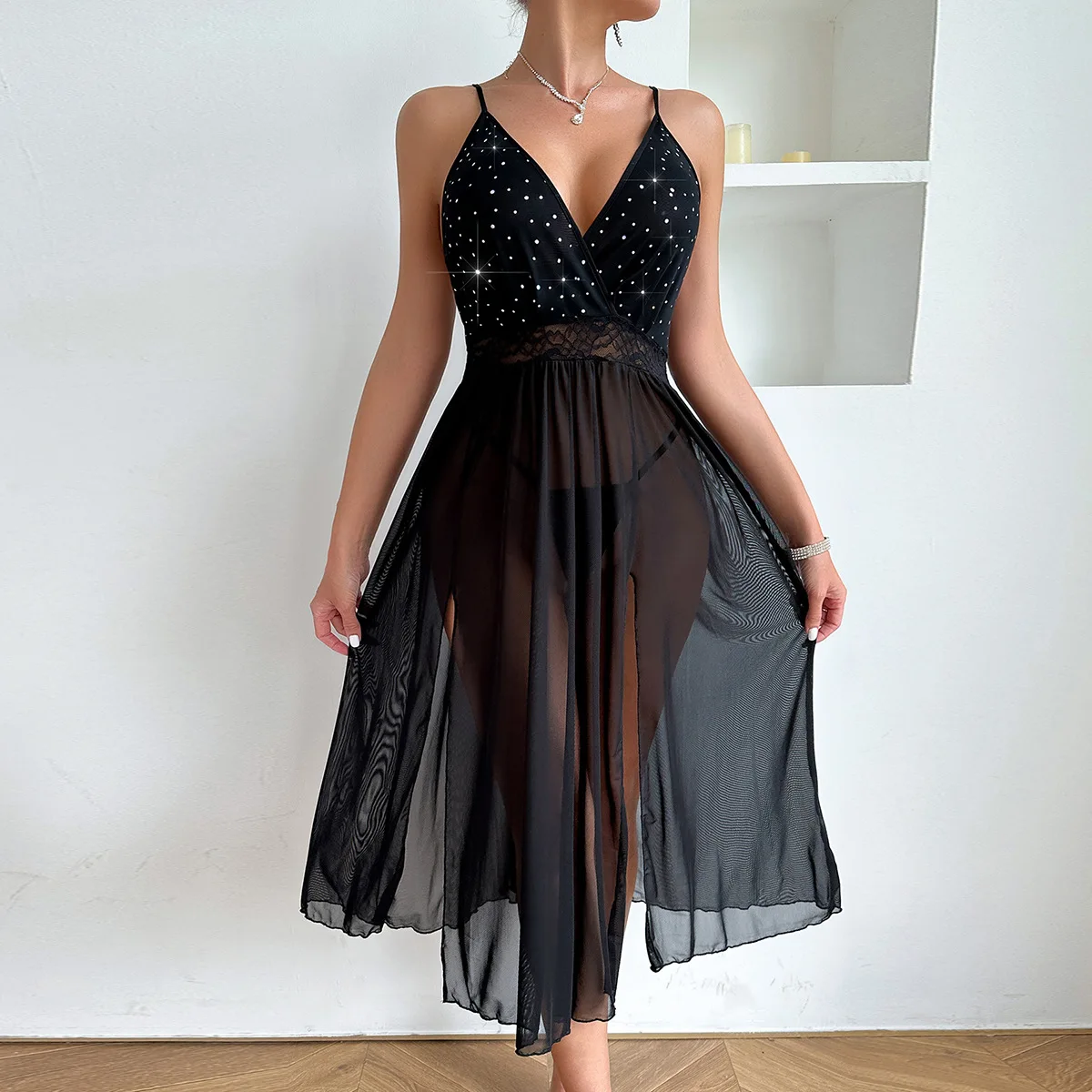 

Summer Pajamas Transparent Long Shiny Suspender Night Dress Woman Sexy Nightgown Pure Desire Mesh One-piece Women's Homewear