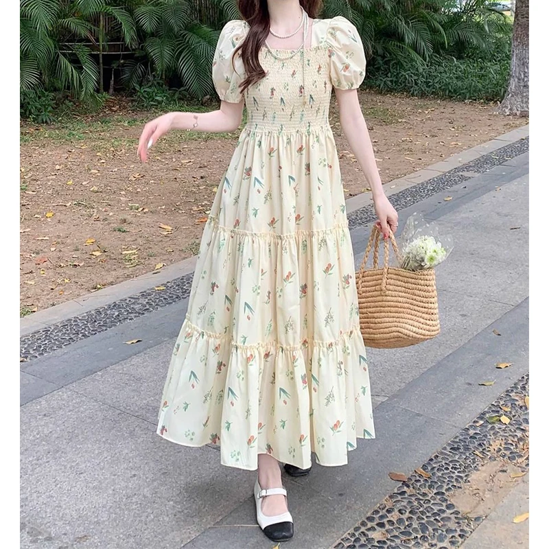 Women Vintage Fashion Ruffle Floral Print Square Neck Elegant Dresses Summer Sweet Chic Short Sleeve Slim Fairy Beach Maxi Dress