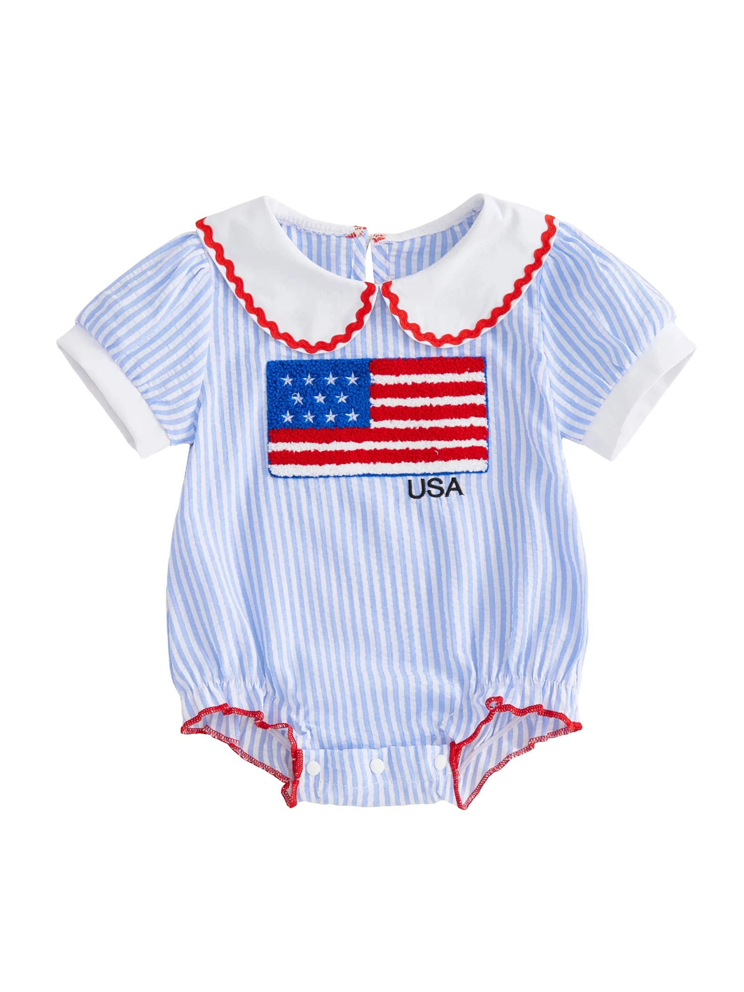 

Комбинезон для маленьких девочек на День независимости с принтом звезд и полосок, вышивкой флага США, короткими рукавами и воротником-стойкой.