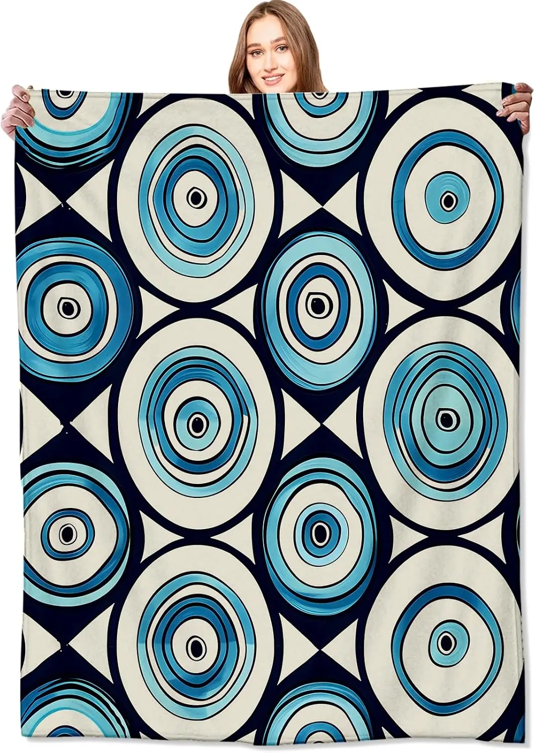 Turkish Evil Eye Blue Circular Triangle Repeat Geometric Print Warm Blanket For Bedroom Sofa Camping Home Leisure Household Use