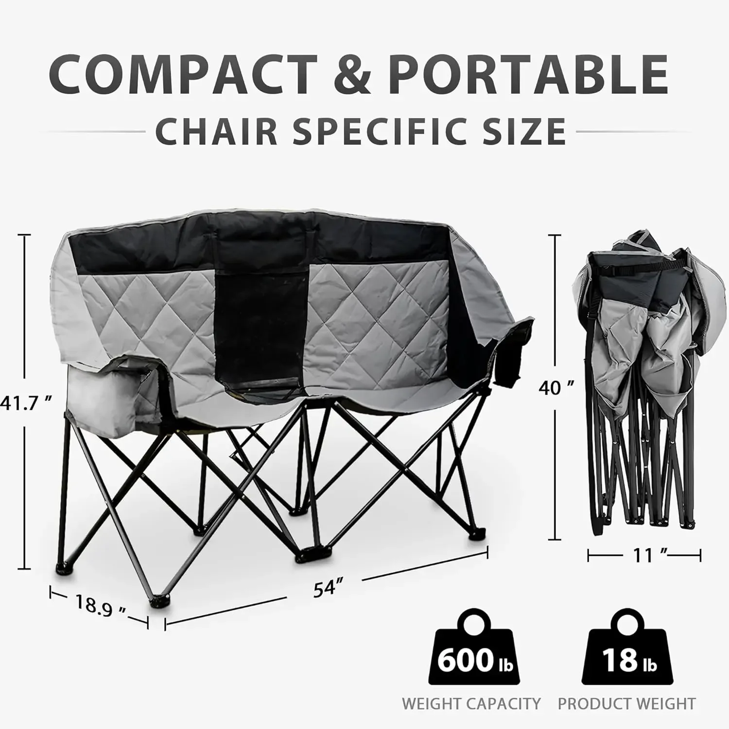 Double Camping Chairs Folding Portable Love Seat Lawn Outdoor Chairs for Two Persons with Padded Seat and Pockets