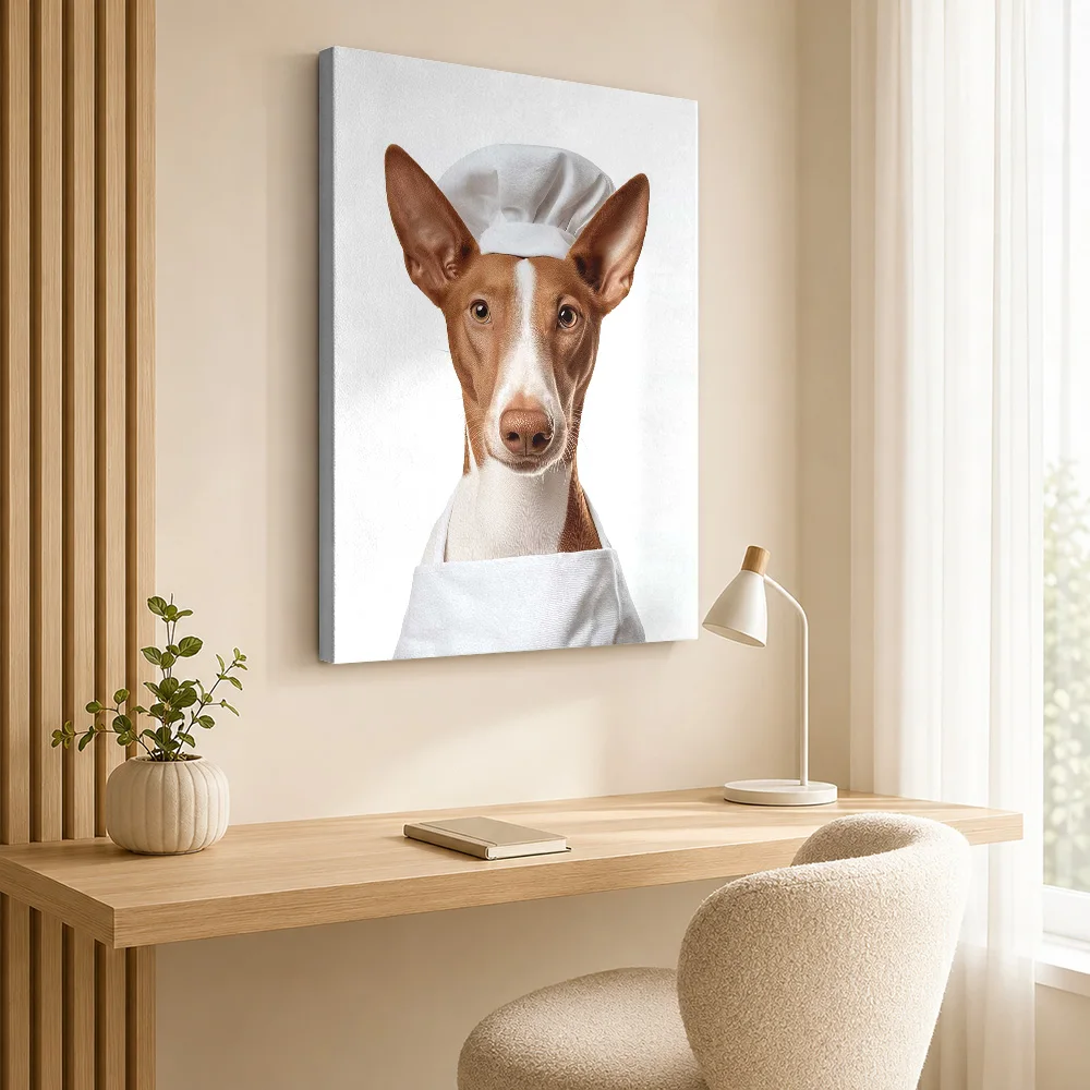 Ibizan Hound Chef Dog Wood Framed Canvas Print Personalized Photo Realistic Animal Portrait Wall Art For Kitchen Food Lover Gift