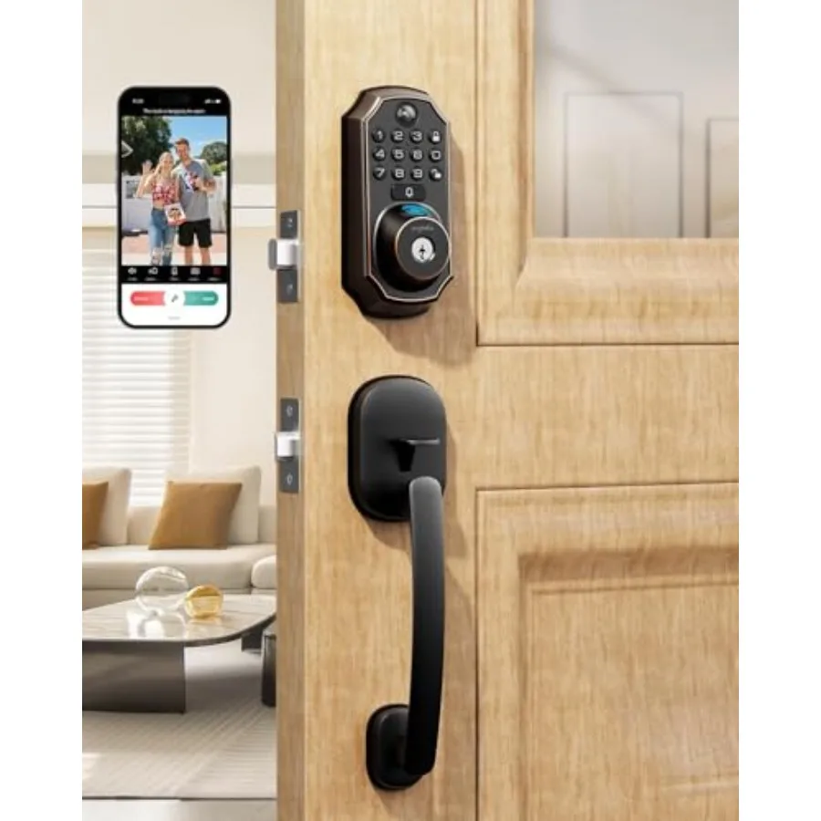 

Умный дверной замок с бесключевым доступом и ручкой для входной двери, Wi-Fi смарт-замок с камерой 5-в-1, дверным звонком, сканером отпечатков пальцев, клавиатурой и управлением через приложение