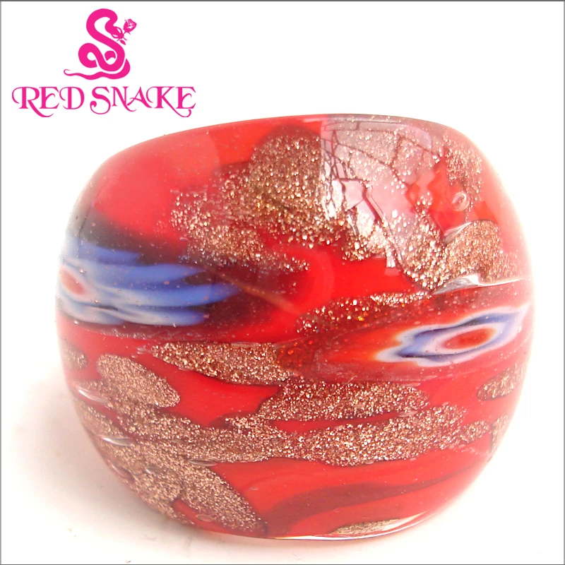 

Fashion Pure Handmade Red with flower and golden sand drops design Murano Glass Ring
