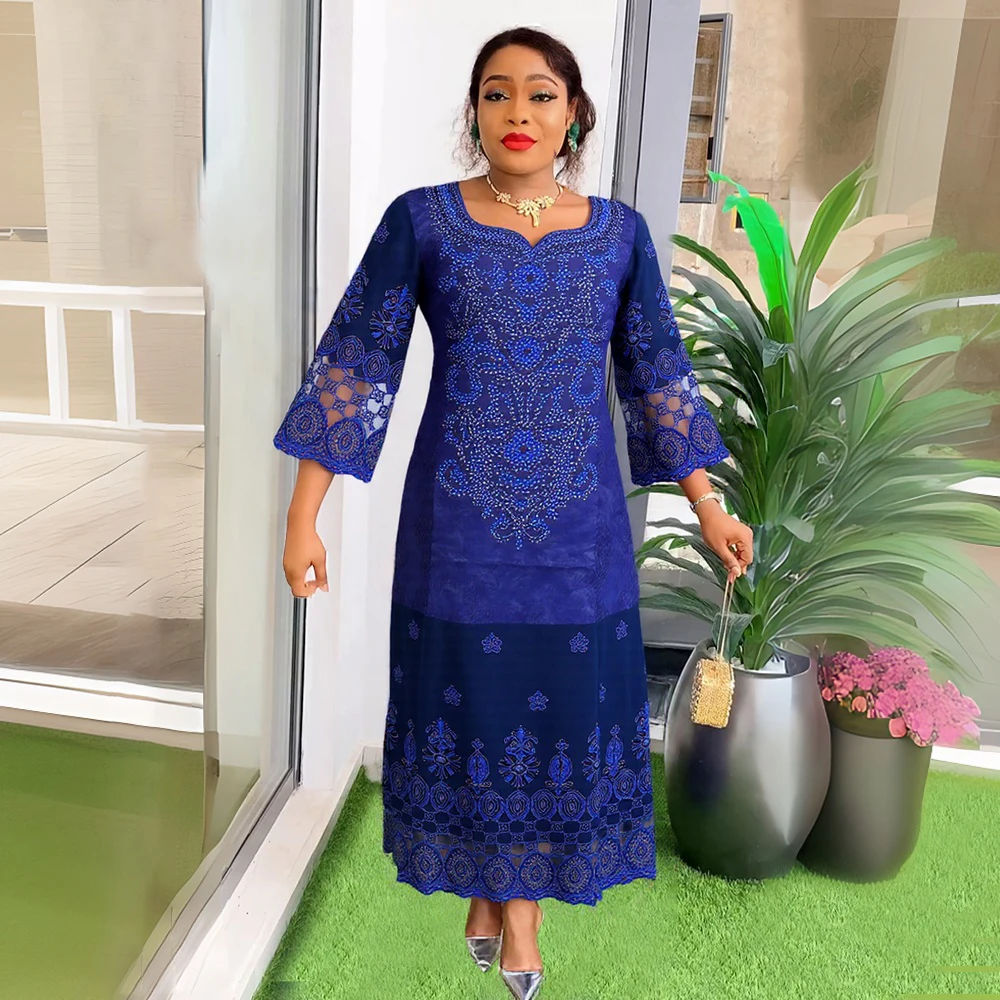 

H&D Traditional African Lace Kaftan Embroidery Dress 3/4 Sleeves with Matching Headwrap For Weddings Church and Formal Occasions