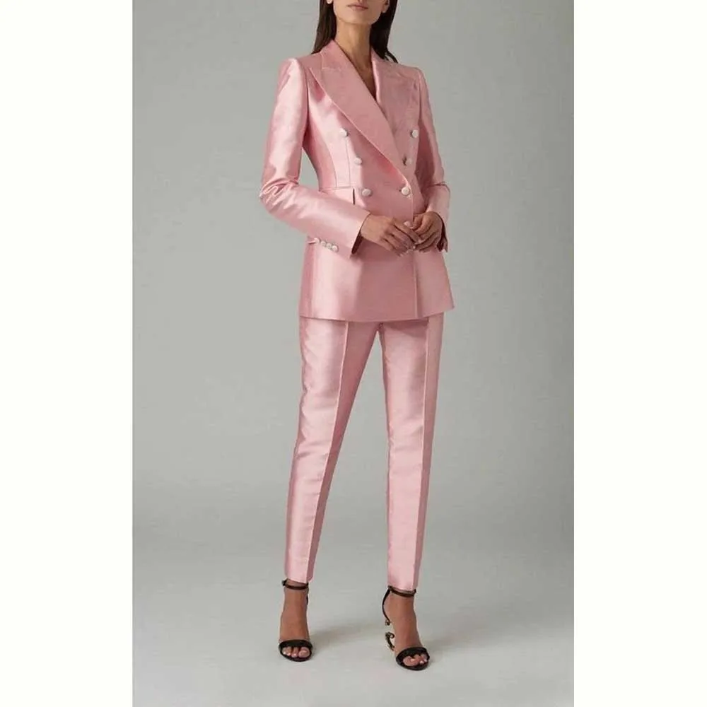 

Luxury Shiny Pink Suit for Women Double Breasted Notch Lapel 2 Piece Jacket Pants Female Clothing Formal Office Lady Blazer Set