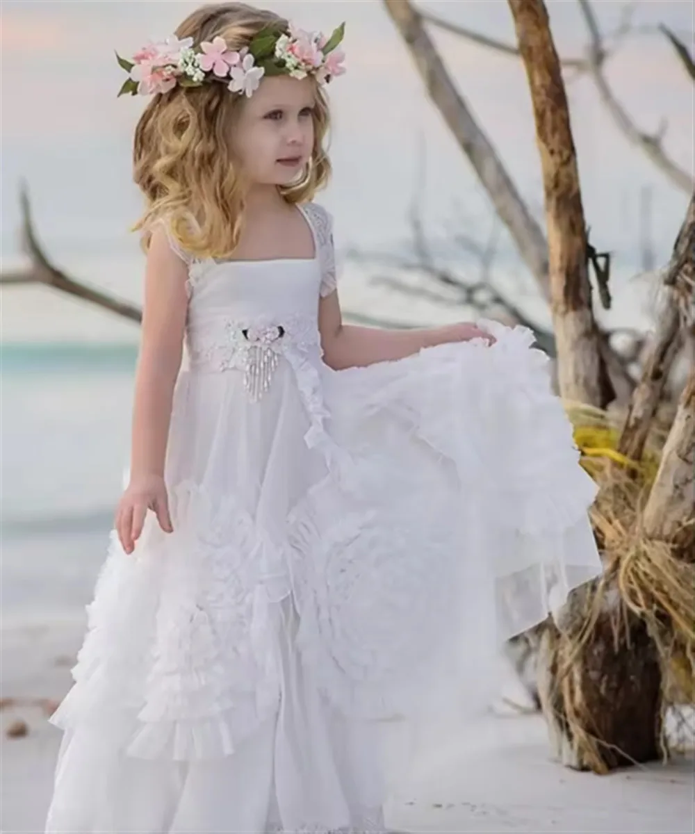 

Elegant Flower Girl Wedding Dress Appliques Lace Sleeveless Tiered Princess Birthday Party First Communion Gown Customized
