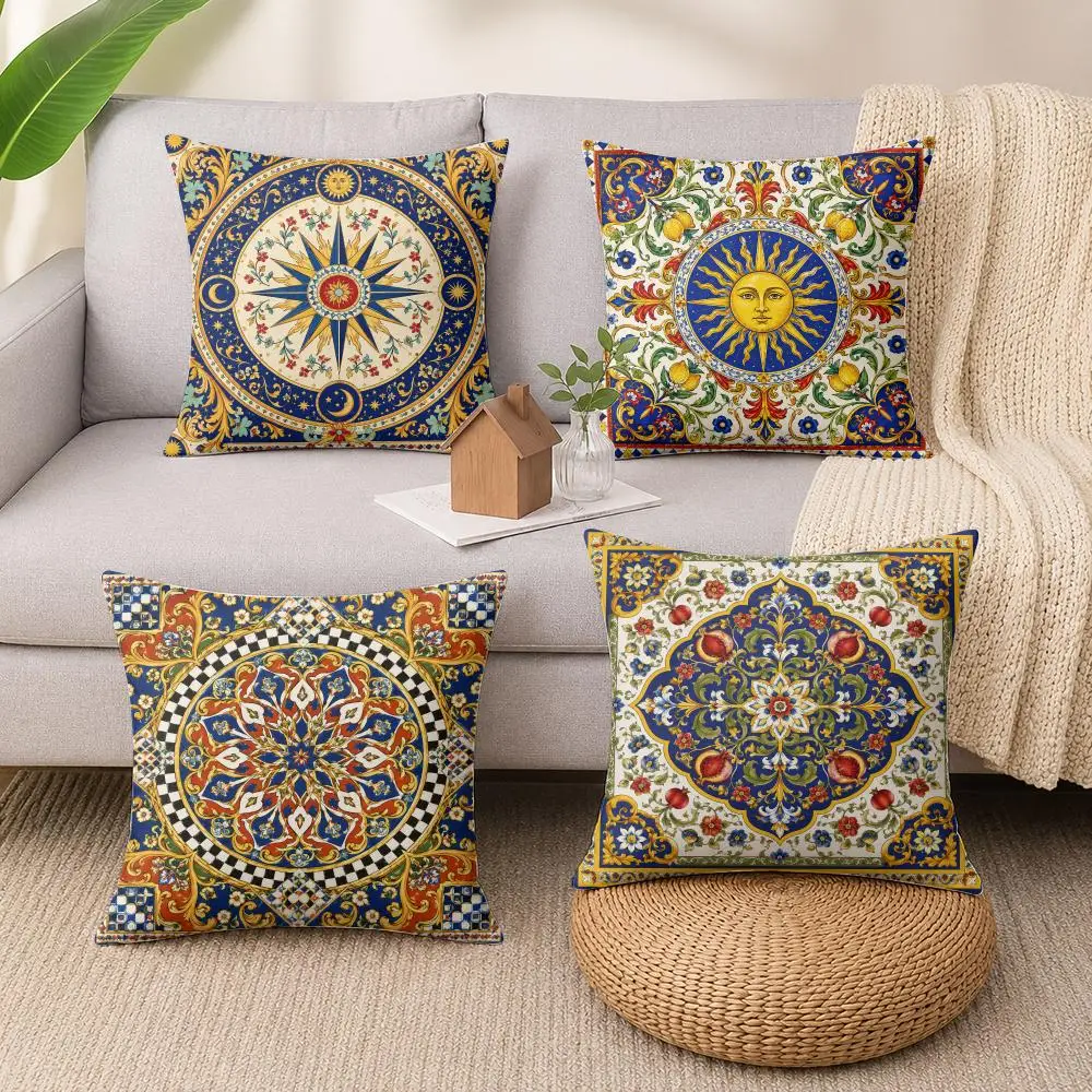 Retro Sun Plaid Geometric Art Cushion Cover Soft Short Plush Pillow Cases Hidden Zipper Cutecore Sofa Bedroom Home Decor Gift