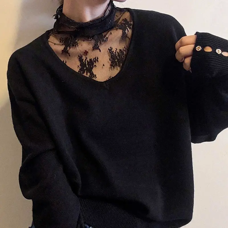 Autumn Winter Lace Net Yarn Patchwork Simplicity Temperament Tops Women Clothing Long Sleeve Elegant T Shirts Office Fashion