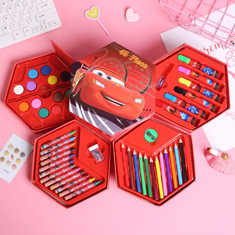 Disney Lightning McQueen Mickey and Minnie children\'s 46-color rotating watercolor brush creative prize learning stationery set