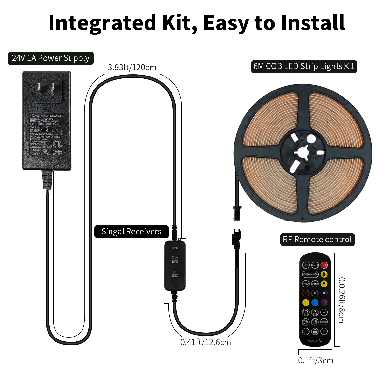 Bande lumineuse LED COB RGBIC 24V 6M/12M RGB, pour chambre à coucher, avec télécommande RF, application Bluetooth intelligente, synchronisation musicale
