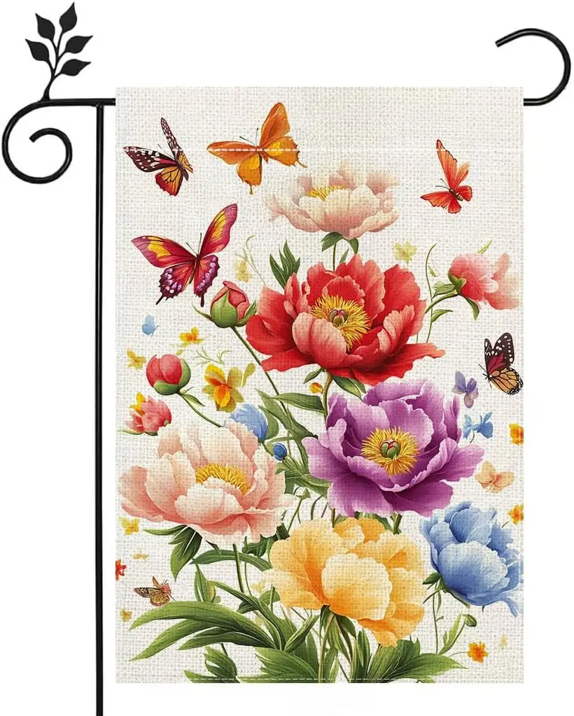 Spring Peonies Flowers Garden Flag Colorful Floral Butterfly Welcome Yard Outdoor Flag Double Sided 12x18 Inch ZZM
