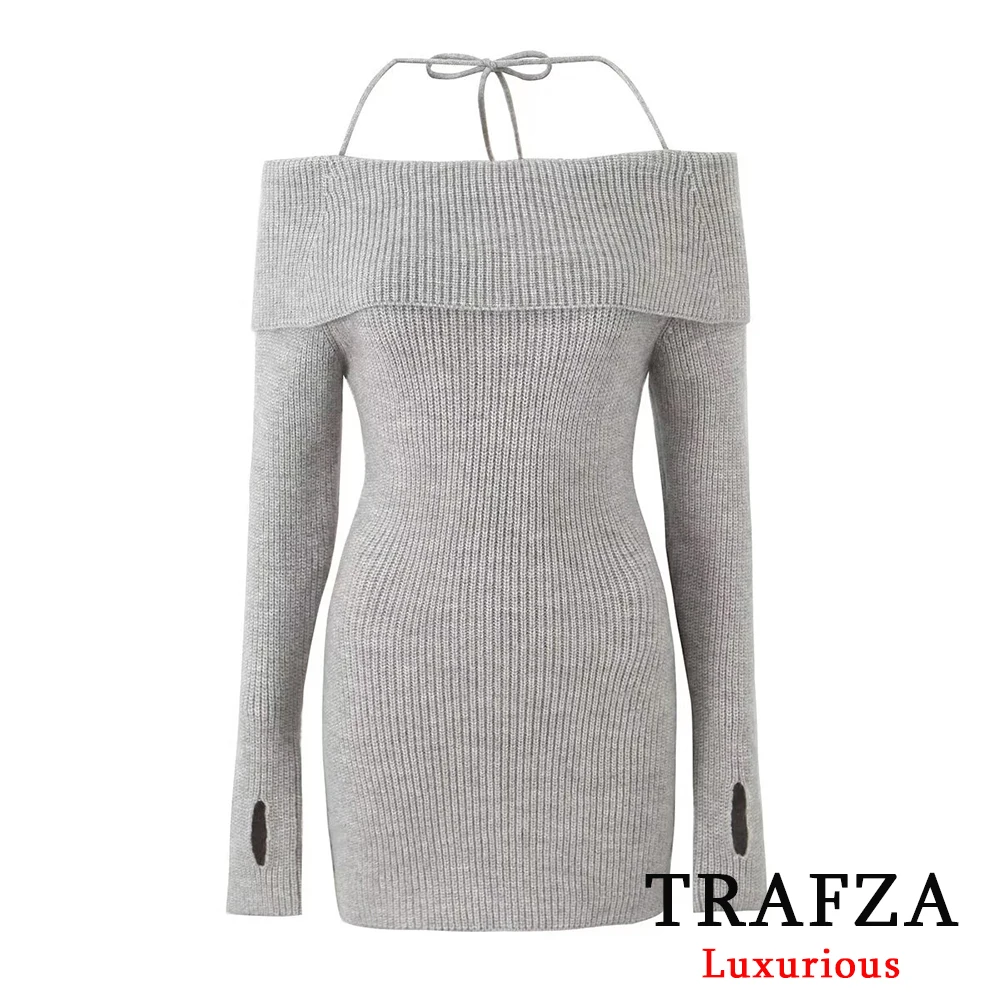 TRAFZA Sexy Slash Neck Knitted Dress Women Fashion 2024 Autumn Long Sleeve Sheath Mini Party Dress Y2K Girl Slim Chic Dress