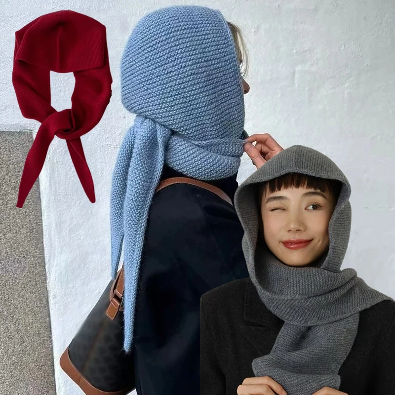 

Вязаная Балаклава, шерстяная шапка, корейский вязаный шарф, шапка с полями без полей, женский шарф, интегрированная шапка, сохраняющая тепло, детская шапка